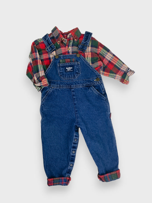 VINTAGE OSH PLAID OVERALL SET - 2T