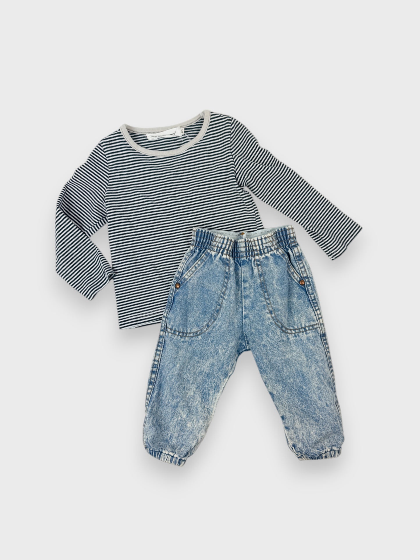 VINTAGE ACID-WASH PANTS + STRIPE TOP SET - 12M